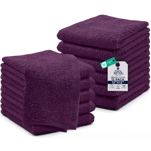 Dan River Washcloths pack of 12 High-Quality Soft Cotton Absorbent and Multipurpose Wash Clothes for Face & Body - Purple, 12x12in