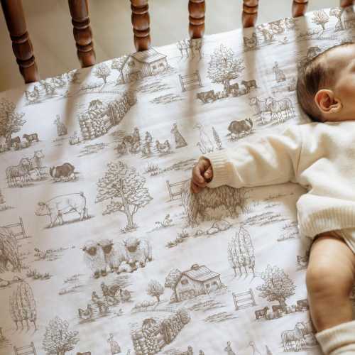 Vintage Farm Crib Sheet Name Personalized Toile Baby Sheet Set Farm Theme Toddler Bedding Country Baby Bassinet Farm Animal Baby Shower Gift