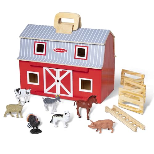 Melissa & Doug Fold and Go Wooden Barn with 7 Animal Play Figures - Farm Animals Barn Toy, Portable Toys, Farm Toys for Kids and Toddlers Ages 3+