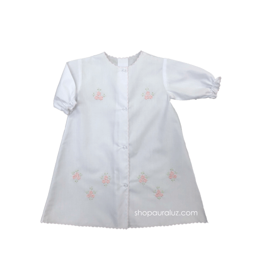 Auraluz Day Gown, l/s..White with pink scallops and embroidered flower – AURALUZ