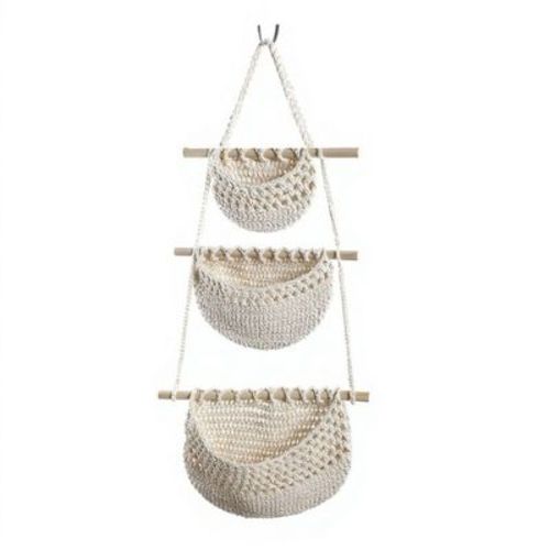 Alilang 3-Tier Woven Hanging Storage Baskets with Wooden Rods and Rope Hanger - Beige