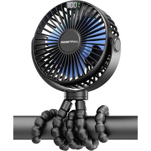 SWEETFULL Portable Stroller Fan, LED Display 4000mAh Battery Operated Mini Clip Fan, 4 Speed Rechargeable Small Personal Fan Handheld Desk Cooling Fan for Car Seat Crib Treadmill Travel(Black)