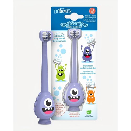 Dr. Brown's ToothScrubber Toothbrush, Three-Sided Toddler Training Toothbrush for Ages 1-4 Years with Suction Cup Base and Color Changing Bristles