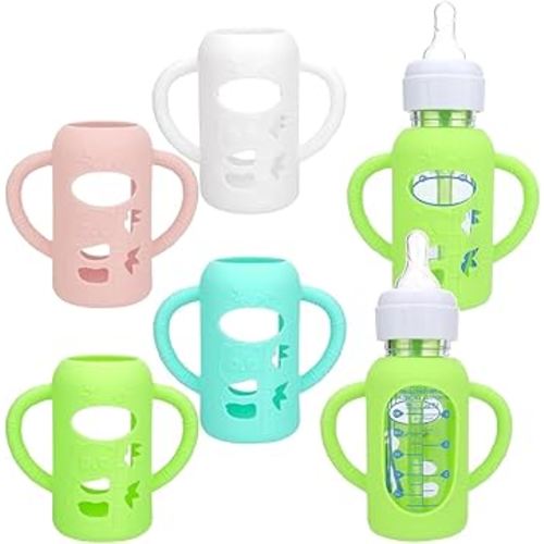 4 Pack Silicone Sleeves for Dr. Brown's Glass Bottles 4OZ - Anti Breakage Baby Bottle Holder Compatible with Dr. Brown's Glass Bottles for Babies (4OZ with Handle)
