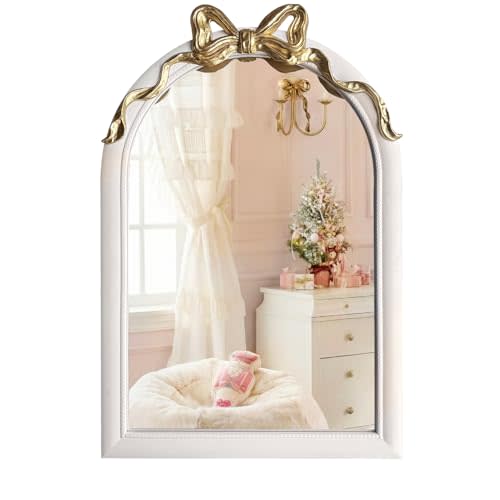 iyabat 36x24 Arched White Bow Wall Mirror with Gold Ribbon, Vintage Vanity Mirror for Bedroom & Nursery Decor, Cute Coquette Aesthetic Engineered Wood Frame, Shabby Chic Style