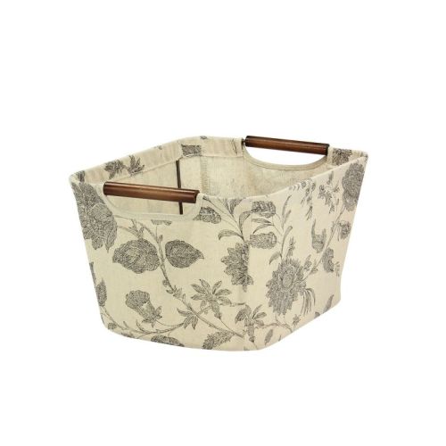 Small Tapered Storage Bin With Wood Handles, Tan, Black Floral