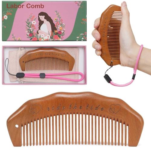 Birth Comb with Adjustable Wrist Strap, Labor Comb for Pain Relief, Labor and Delivery Essentials Gift - Peach Wood
