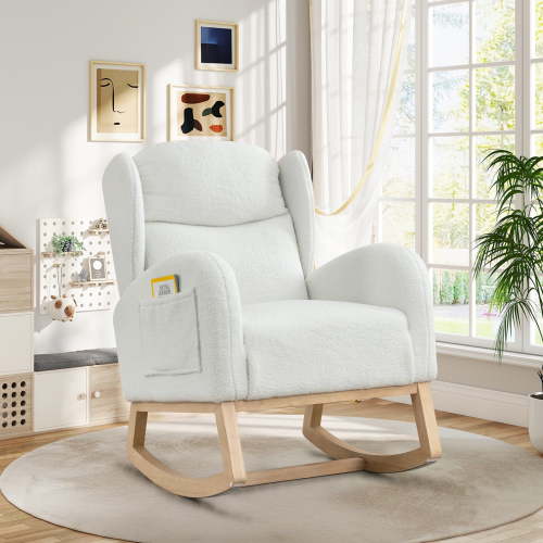 Dinosisco Indoor Rocking Chair, Upholstered Accent Rocker Chair with Wood Legs, Ivory Teddy