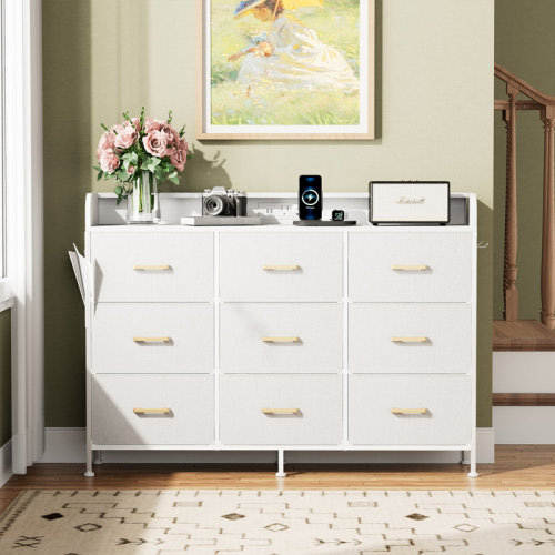 Wrought Studio™ White 9-Drawer Dresser for Bedroom-LED&Charging Station Chest of Drawers Storage Organizer TV Stand | Wayfair