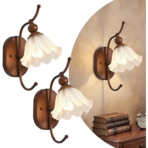 Rustic Wall Sconces Set of 2, Farmhouse Vanity Lights with Milk Glass Flower Shades, Vintage Wood Grain Wall Light Fixtures for Bedroom, Bathroom, Living Room, Hallway, Foyer