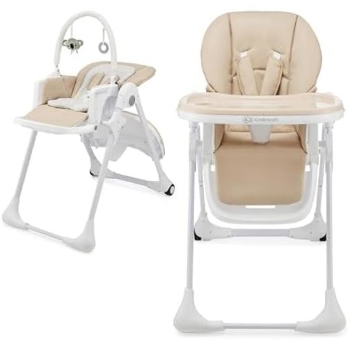 Kinderkraft Tummie, 2-in-1 high Chair, Baby Chair, Ergonomic, Comfortable, Reclining, Foldable, with Ajustable Height, Footrest, Detachable Tray, for Toddler, with Toys, Beige