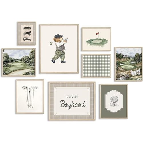 Vintage Sports Nursery Wall Art Decor Teddy Bear Golf Prints Baby Toddler Boy Room Canvas Wall Decor Bear Nursery Pictures Sport Animal Pictures Vintage Golf Artwork for Bedroom 8x10x9 Inch Unframed
