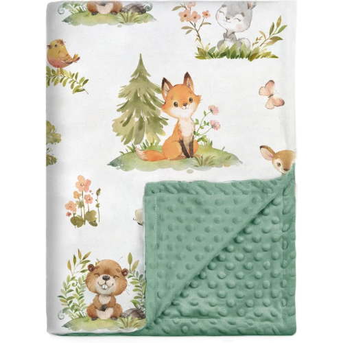 Soft Double Layer Minky Baby Blanket with Dotted Backing, Woodland Animal Design, 30 x 40 Inch
