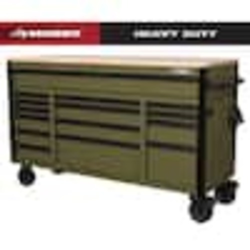 Husky Heavy Duty 61 in. W x 23 in. D 15-Drawer Matte Army Green Mobile Workbench Cabinet with Solid Wood Top H61MWC15HDARMY-TL