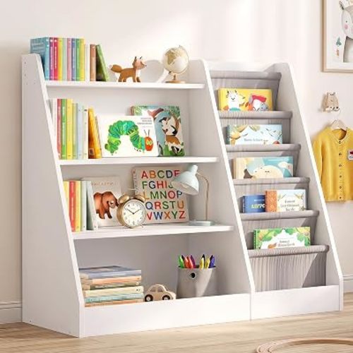 NACHES White 5 Tier Sling Kids Bookshelf, Wooden Children Book Rack with 23° Inclined Fabric Storage Pockets, E1 Grade Particle Board Toy Book Organizer Bookcase for Playroom Nursery Bedroom