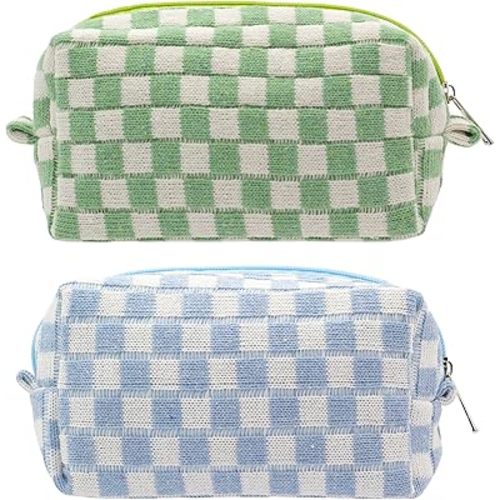 Checkered Makeup Bag for Purse, Small Cosmetic Pouch,Blue Green,2 Pack