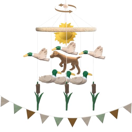 Mallard Duck Baby Crib Mobile Set with 7.75ft Pennant Banner Flags | Handmade Felt Mobile for Boys and Girls Duck Hunting Nursery Decor Birthday Party Decorations Baby Shower Newborn Gifts