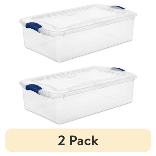 (2 pack) Sterilite 32 Quart Latch Box, Clear Plastic Storage Bin with Lid, Blue Latch