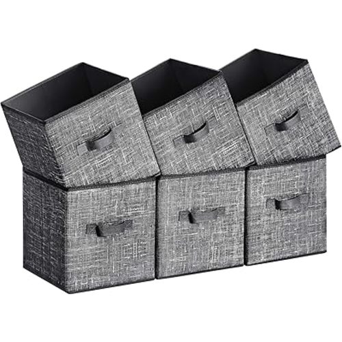 SONGMICS Storage Cubes, 11-Inch Non-Woven Fabric Bins with Double Handles, Set of 6, Closet Organizers for Shelves, Foldable, for Clothes, Classic Black UROB026B01