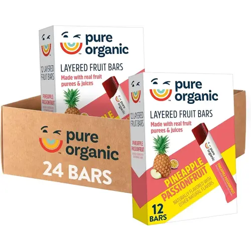 Pure Organic Layered Fruit Bars, Gluten Free, Vegan Fruit Snacks, Pineapple Passionfruit (2 Boxes, 24 Bars)
