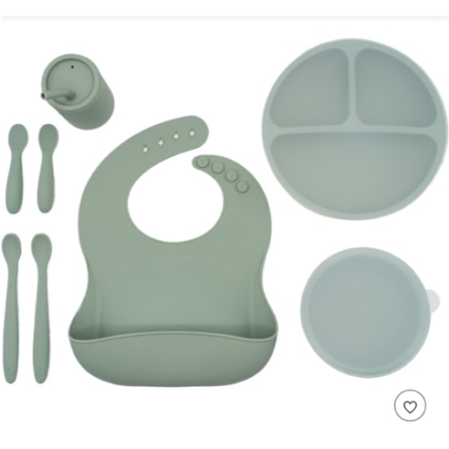 WeeSprout Baby Led Weaning Bundle, Silicone Suction Bowl, Spoons, Bib & Cup - Green