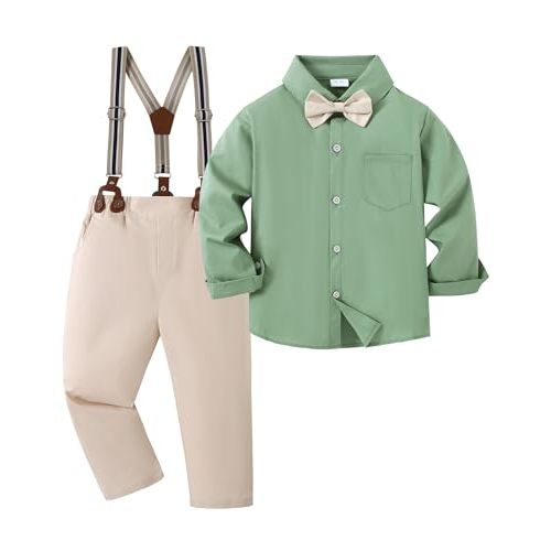 YALLET Toddler Boy Clothes Suit, Formal Dress Shirt with Bowtie+Suspender Pants Boy Gentleman Wedding Outfits 2-10 Years