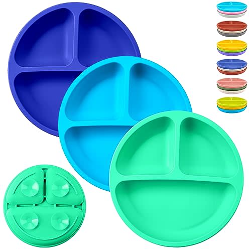 Silicone Suction Plates for Toddler & Baby, Divided Design, Non-Slip Design, BPA Free, Microwave & Dishwasher Safe, 3 Pack Unbreakable Feeding Set (Aqua& Sky & Navy)
