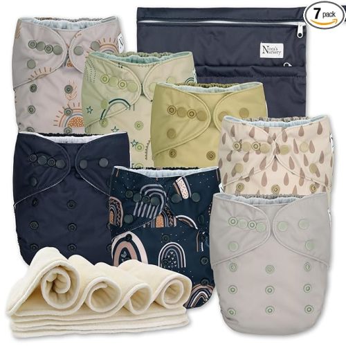 Nora's Nursery Cloth Diapers 7 Pack with 7 Inserts & 1 Wet Bag - Waterproof Cover, Washable, Reusable & One Size Adjustable Pocket Diapers for Newborns and Toddlers - Sunshine & Rainbows