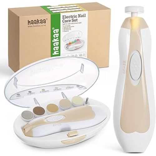 haakaa Baby Nail Care Electric Baby Nail File Kit with LED Light, Baby Nail Clippers for Newborn/Infants/Adults Toenails and Fingernails, 6 Replacement Heads & Storage Case, Acorn