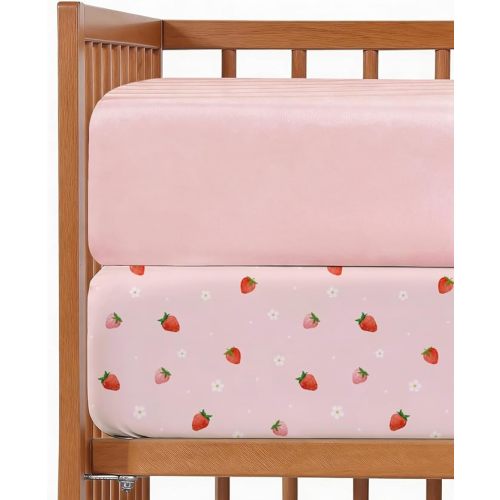 2-Pack Mini Crib Sheets Fitted - Pack N Play Sheets for Pack and Play Mattress - Stretchy Soft Microfiber Playard Bedding - Mini Toddler Bed Cover for Boys & Girls - Oeko-Tex - 38 x 24in, Strawberries