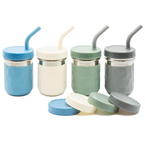 WeeSprout 2-in-1 Drinking Cups for Kids, Durable Stainless Steel Tumbler for Smoothies, Silicone Straws with Stoppers, Premium Plastic Twist Lids, Easy-Grip Sleeves, Set of 4 Dishwasher Safe Kid Cups
