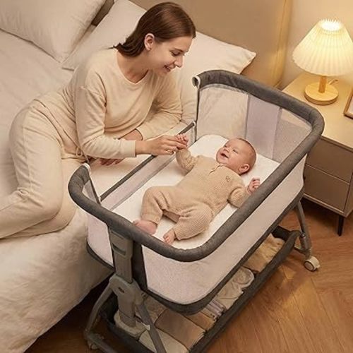 Bedside Bassinet for Baby, Sturdy 3 in 1 Bedside Sleeper with Mattress & Wheels, Height Adjustable, Breathable Mesh, Storage Basket, Easy to Assemble for Newborn, Grey