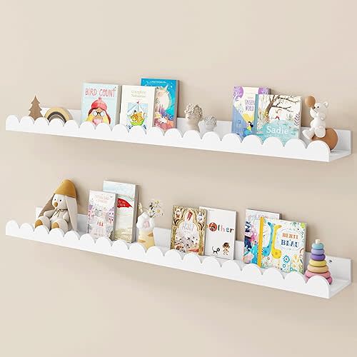 Fun Memories 36 Inch Scalloped Nursery Shelf, White Picture Ledge for Wall, Set of 2, Kids Book Shelves with Floating Design for Kids Rooms, Bedroom