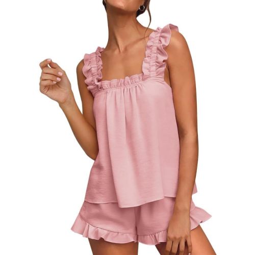Marvmys Womens Pajamas Set 2 Piece Ruffle Bridal Cute Pajamas Sexy Tank Top and Shorts Bride Sleepwear Set S-2XL