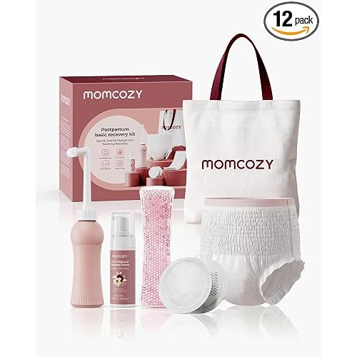 Momcozy 12pc Postpartum Recovery Kit, Labor & Delivery Essentials for Moms | 6 Disposable Underwear, Peri Bottle, 2 Reusable Cold Pads, 20 Nursing Pads & Cooling Foam. All-in-One Hospital Bag Essential