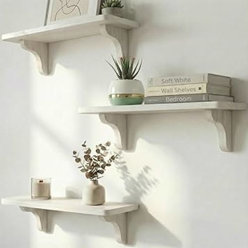 Real Wood White Shelves for Wall - 17 inch (3 Pack) - Easy to Install, Template and Video Included - White Wall Shelves, Shelves for Room, Decorative Wall Shelf