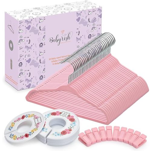 Babyrish Velvet Baby Hangers with 10x Clips and 8X Dividers (30 Pack) | 11” Ultra-Slim Baby Clothes Hangers | Non-Slip Felt | Space-Saving Nursery & Infant Closet Organizer | Pink