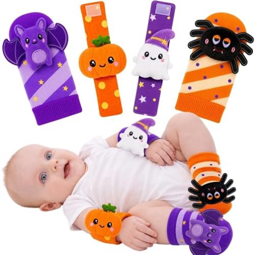 Halloween Baby Wrist Rattle Socks and Foot Finder Set, Toys for Babies