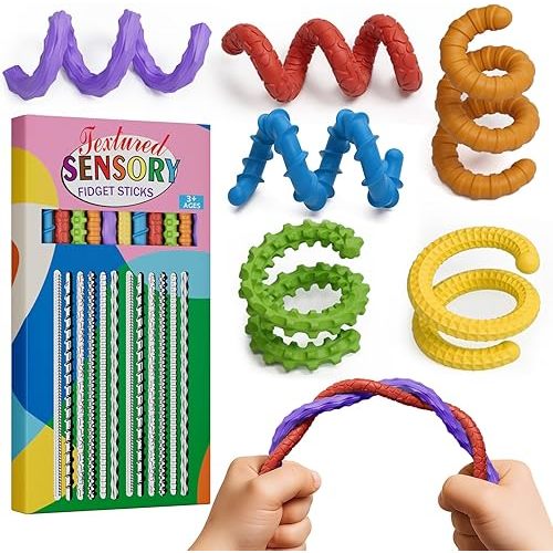 Flexible Sensory Fidget Sticks for Kids,12PCS Sensory Fidget Toys for Stress Anxiety Autistic ADHD,Calm Down Travel Airplane Essentials Toys,Stuffers Gifts for Teens Boys Girls