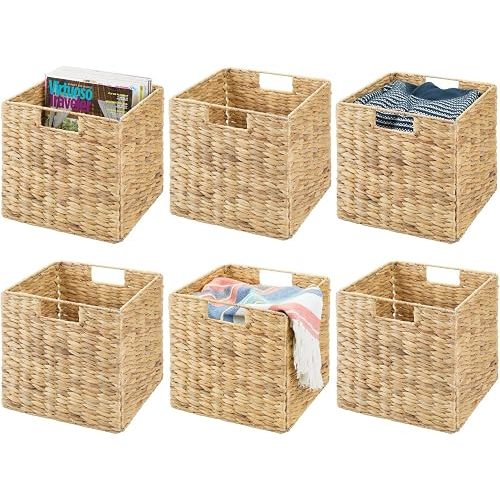mDesign Natural Woven Hyacinth Cube Organizer Basket with Handles, Storage for Bathroom, Laundry Room Shelf or Nursery - Perfect for Cubby Storage Units - Hold Blankets and Books - 6 Pack, Natural/Tan