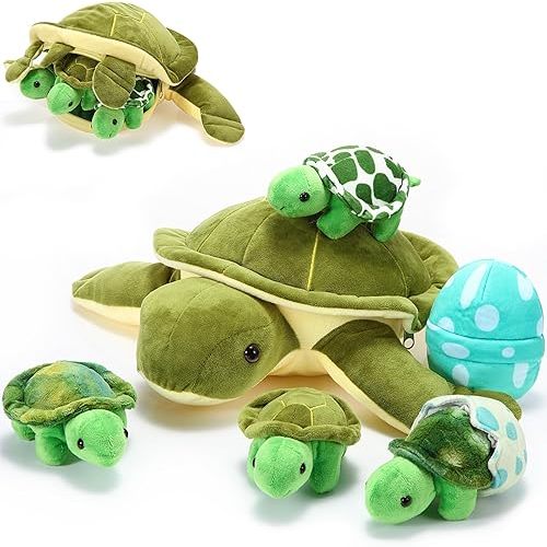 Aoriher 6 Pieces Turtle Stuffed Animal Set 12 Inch Stuffed Sea Turtle Mom with 3 Little Plush and 2 Plush Eggs Soft Body Pillow Toys Tortoise Hugging for Sea Animal Lovers(Classic)