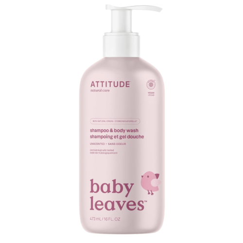 ATTITUDE Baby 2-in-1 Shampoo and Body Wash, Made in Canada, EWG Verified, Dermatologically Tested, Vegan, Unscented, 473 mL