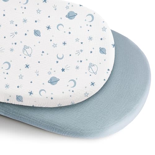 Konssy 2 Pack Muslin Bassinet Sheets for Baby Boy, 100% Cotton Soft Breathable Bassinet Mattress Sheets Fit for Hourglass Oval Cradle Rectangle Mattress (Star,Blue)