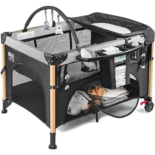 5 in 1 Pack and Play, One-Push Setup Playard, Portable Bedside Crib with Changing Table,Waterproof Mattress, Lockable Wheels, Foldable Travel Playpen for Newborn to Toddles (Black)