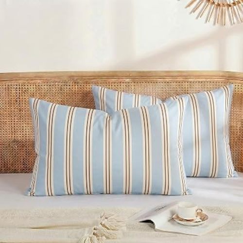 Merryword Fundas de almohada tamaño King, fundas de almohada 100% algodón, fundas de almohada a rayas azules y caqui