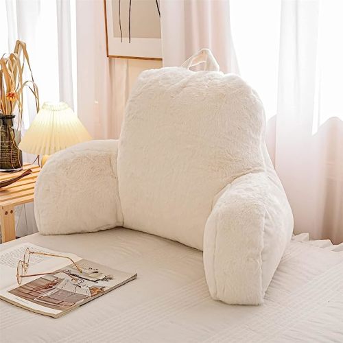 A Nice Night Faux Fur Reading Pillow Bed Wedge Large Adult Children Backrest with Arms Back Support for Sitting Up in Bed/Couch for Bedrest,Ivory