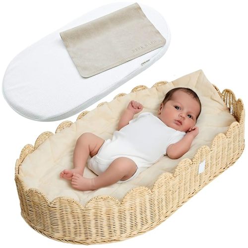 BEBE BASK Premium Baby Changing Basket - Artisan-Crafted Scalloped Rattan - Changing Basket for Baby Dresser - All Accessories Included - Complete Set for Nursery (Mocca)