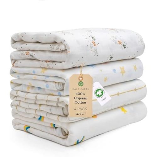 100% Organic Cotton GOTS Certified 2-Layered Swaddle Baby Blanket, 4 Pack,47"x47" Receiving Blankets for Swaddling,Wrap for Boy & Girl, Newborn Baby Essentials, Registry (Star & Rainbow)