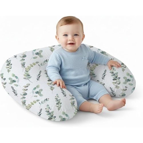 Little Grape Land Muslin Nursing Pillow, Soft 100% Cotton Breastfeeding Pillow with Breathable Removable Cover, Green Leaves Breast Feeding Pillows for Babies 0-12 Months with Protective Zipper