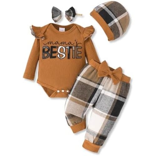 SUNNY PIGGY Baby Girl Clothes Newborn Outfits Infant Ruffle Romper 0-18M Fall Winter Flower Plaid Pants Clothing Set